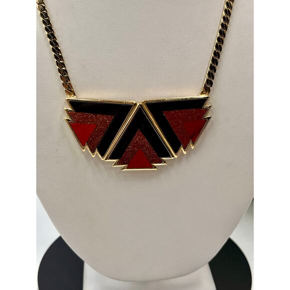 Ben-Amun Designer Red Brown Geometric Gold Tone Pendant Collar Necklace - Picture 4 of 10